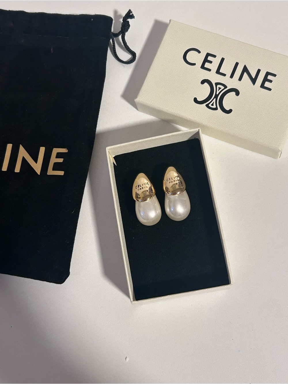 Vintage Celine Paris Gold & White Pearl Drop Earrings